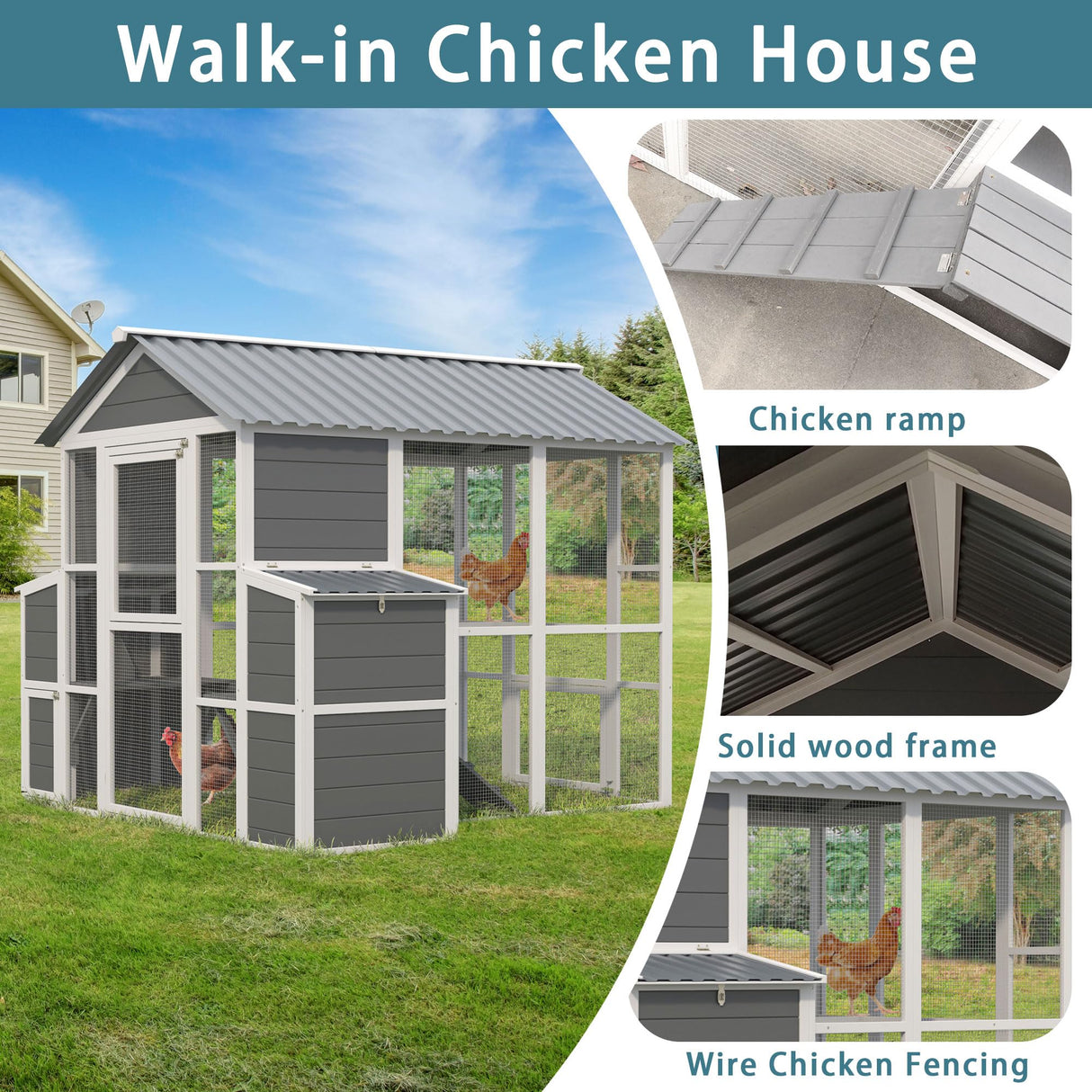 YOPTO Chicken Coop for 10 Chickens,Extra Large Wooden Chicken House Outdoor Nest Box Hen Houses with 2 Chicken Nesting Boxes,Poultry Pet Hutch w/Walk in Desgin,Ramp and Run,Waterproof Roof YOPTO