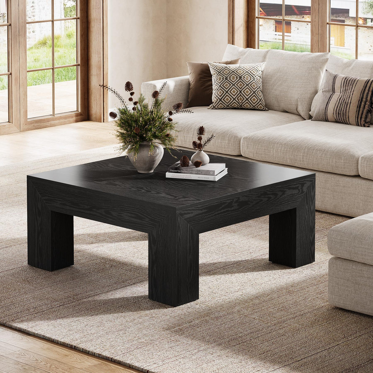 Tribesigns Farmhouse Square Coffee Table for Living Room, 39.37-Inch Low Large Center Tea Accent Table with Sturdy Legs, Easy Assembly (Black) Tribesigns