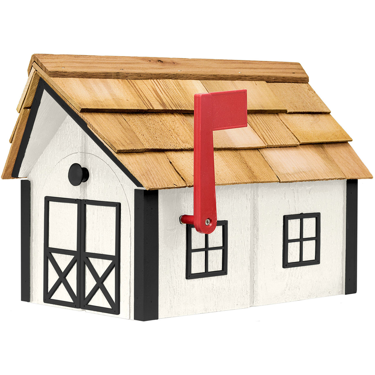 Amish-Made Deluxe Post Mount Wooden Mailbox with Cedar Shingles (White with Black Trim) Dress the Yard