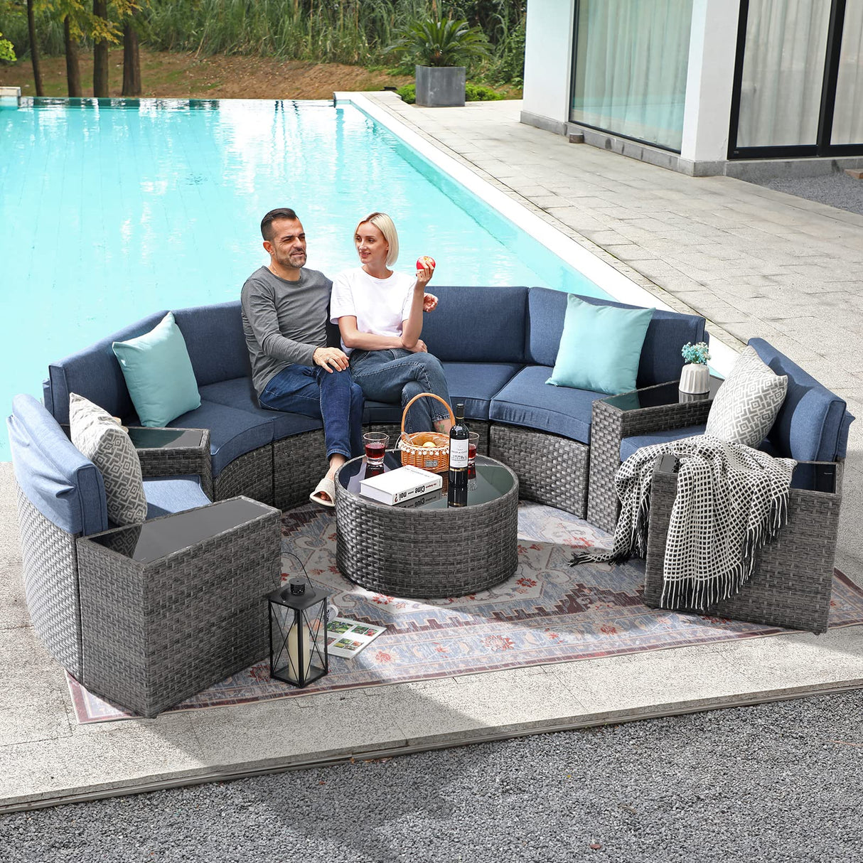 SUNSITT Outdoor Patio Furniture 11-Piece Half-Moon Sectional Round Patio Furniture Set Curved Outdoor Sofa with Tempered Glass Round Coffee Table, 4 Pillows, Grey Rattan & Denim Blue Cushion SUNSITT