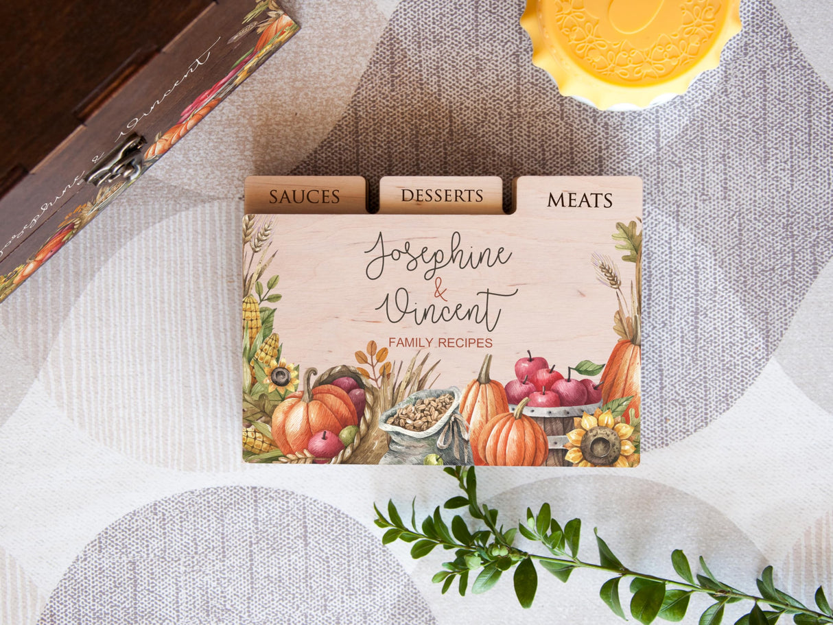 Personalized Recipe Box with Dividers & Cards - Wooden Kitchen Set for 4x6 or 5x7 Recipe Cards - Farmhouse Recipe Holder - Thanksgiving Gift, Christmas Gifts Ideas, Bridal Shower Gifts for Bride to Be WoodPresentStudio