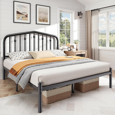 Susalt 14 Inch Queen Bed Frame, Sturdy Rustic Metal Bed Frame Queen Size, Queen Bed Frame with Headboard and 12.5" Under Bed Space, Curved Corner/No Noise/Easy Assembly/No Box Spring Needed, Black