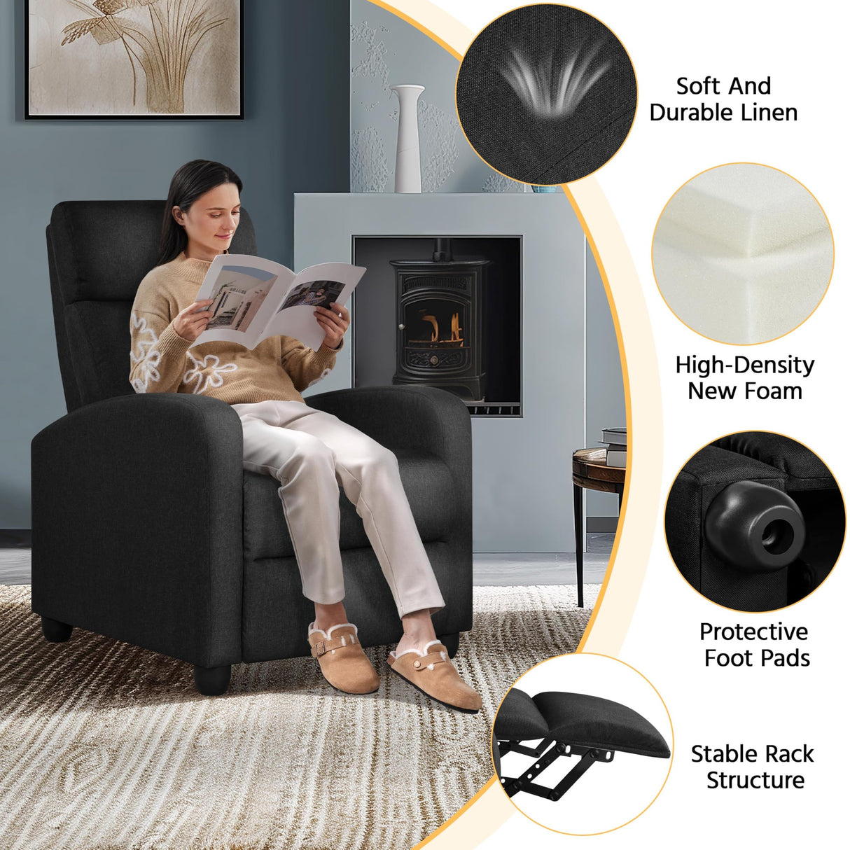 Yaheetech Fabric Recliner Chair Sofa Ergonomic Adjustable Single Sofa with Thicker Seat Cushion Modern Home Theater Seating for Living Room Matte Black Yaheetech