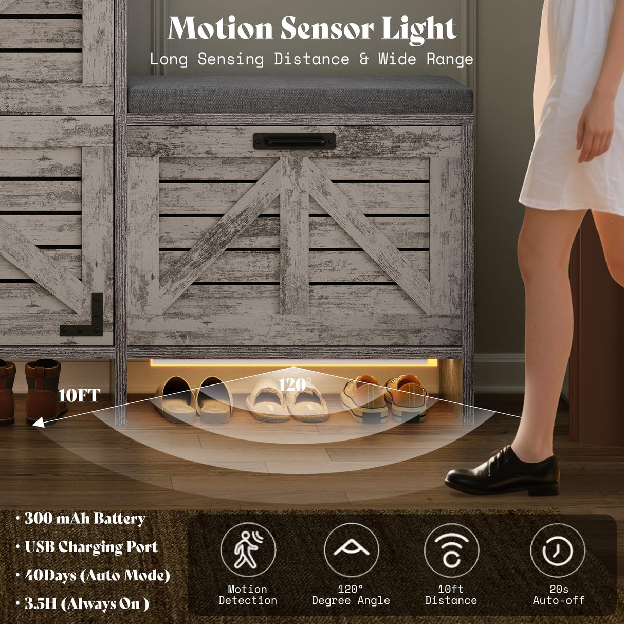 AMERLIFE Farmhouse Entryway Shoe Storage Bench with USB Motion Sensor Light, Flip Drawers & Cushioned Seat, Narrow Hallway Shoe Cabinet for Small Space, Rustic White AMERLIFE