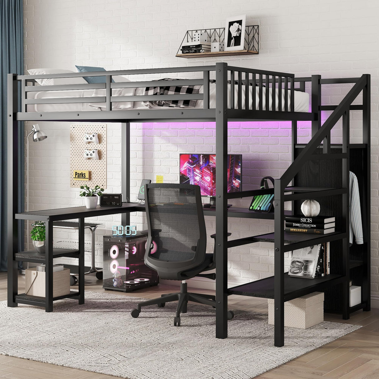 Loft Bed with Desk Full Size, Gaming Loft Bed with LED Light for Adults, Heavy-Duty Loft Beds Frame with Stairs & Wardrobe & Storage Shelves, Bunk Bed with Steps for Teens Boys Girls Room Dorm, Black Mirightone