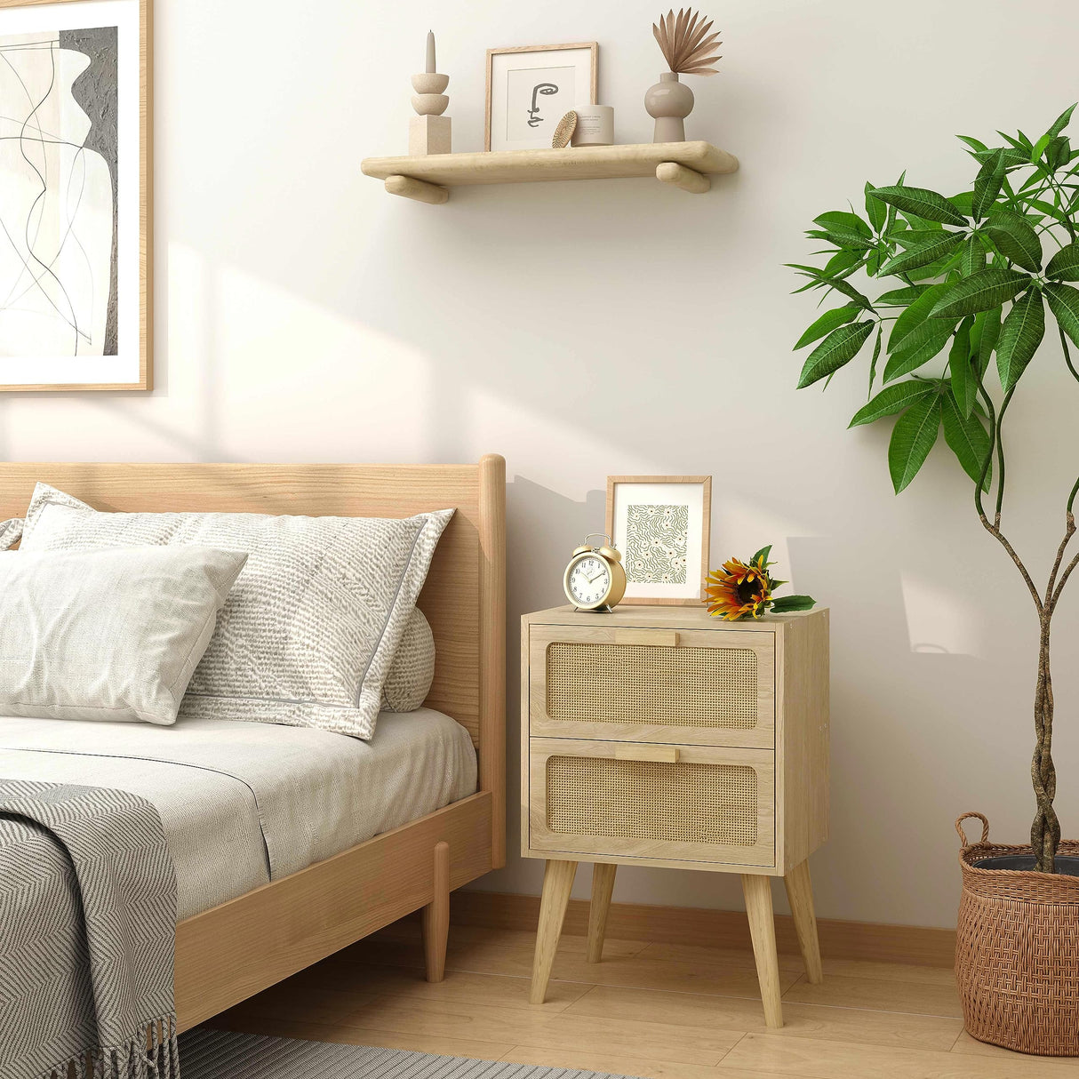 YAUKOMEL Rattan Nightstand, Small End Table, Side Table with Hand Made Rattan Decorated Drawers,Boho Bedside Table,Wood Accent Table with Storage for Small Space,Livingroom, Bedroom, Natural CTG59Y YAUKOMEL