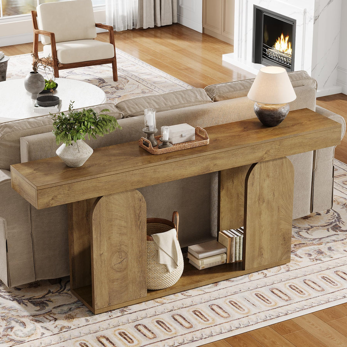 Tribesigns Farmhouse Wood Console Table, 70.9-Inch Entryway Accent Table with U-Shaped Base, 2-Tier Extra Long Sofa Tables for Entrance, Hallway, Living Room, Light Brown Tribesigns