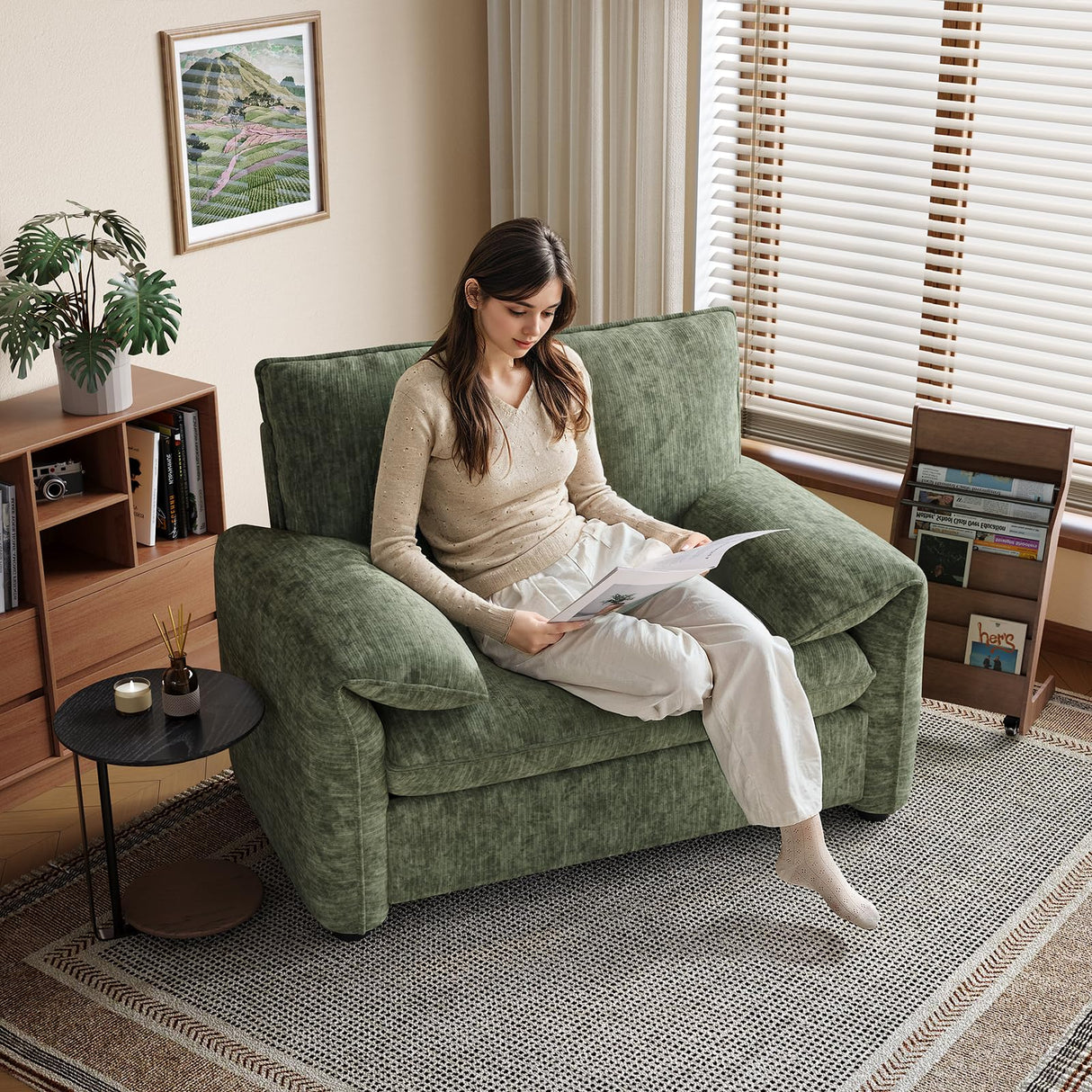 ONBRILL Oversized Accent Chair, 41 Inch Chenille Fabric Armchair, Comfy Single Sofa Chair with Padded Arms, Pocket Spring Cushion, Modern Reading Chair for Living Room, Bedroom, Green ONBRILL