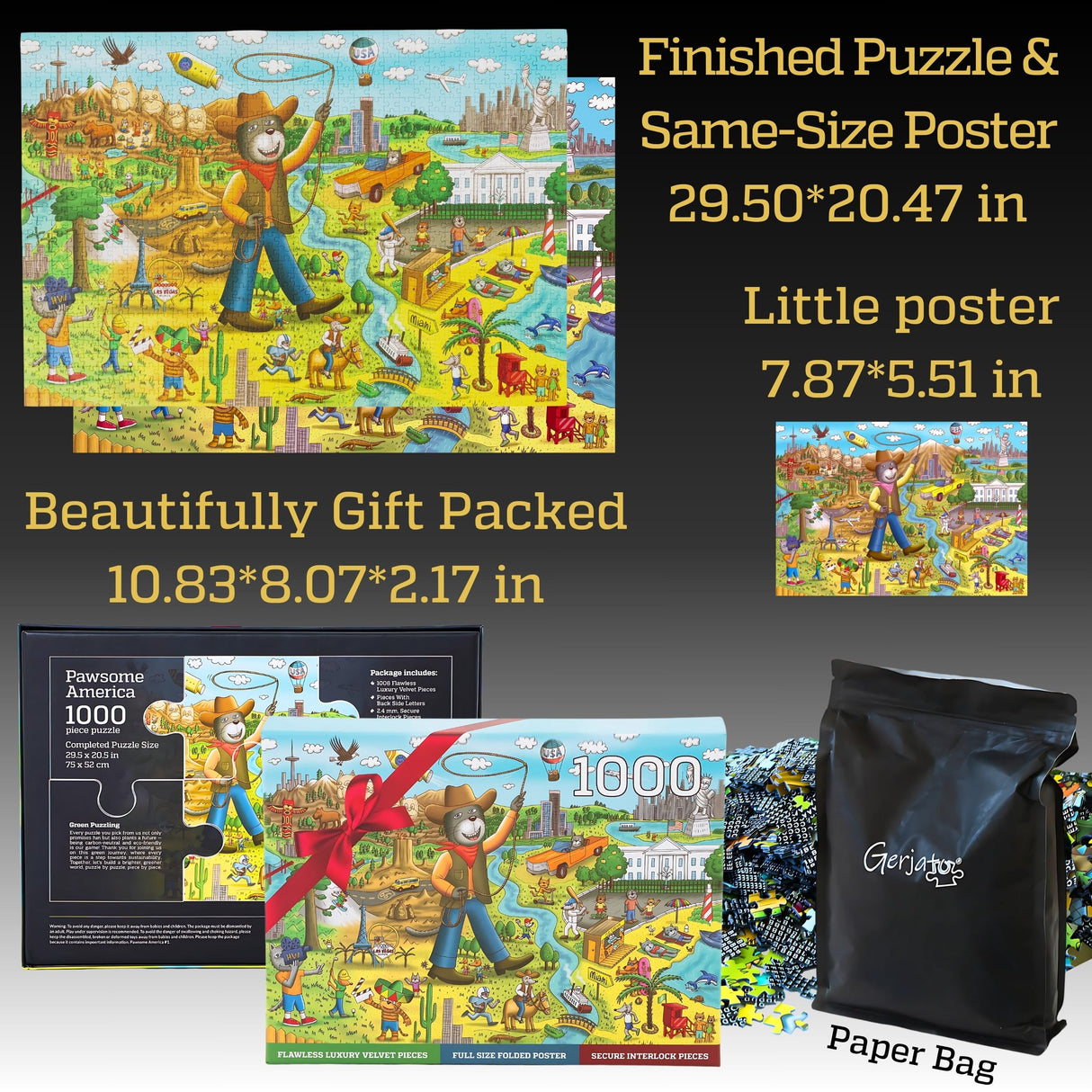 Pawsome America by Gerjato | 1000 Piece Puzzle for Adults, Family and Kids – 20x30 Inch HD Puzzles for Adults 1000 Pieces with a Silky Matte Finish | Fun Unique USA Puzzle Gift Box with 1:1 Poster Gerjato