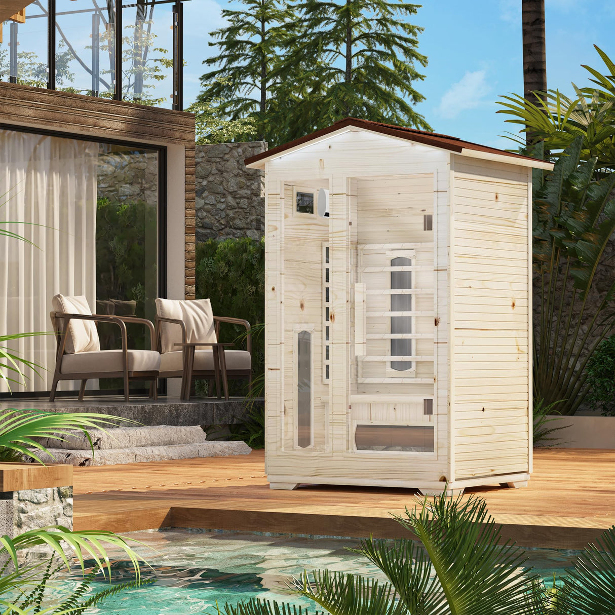 BNEHS Outdoor Sauna 2 Person,Full Spectrum Infrared Sauna,Home Sauna with 10 Minutes Warm Up Heating Tubes & Panels,Personal Wooden Sauna Room with Bluetooth Speaker,2050Watt BNEHS
