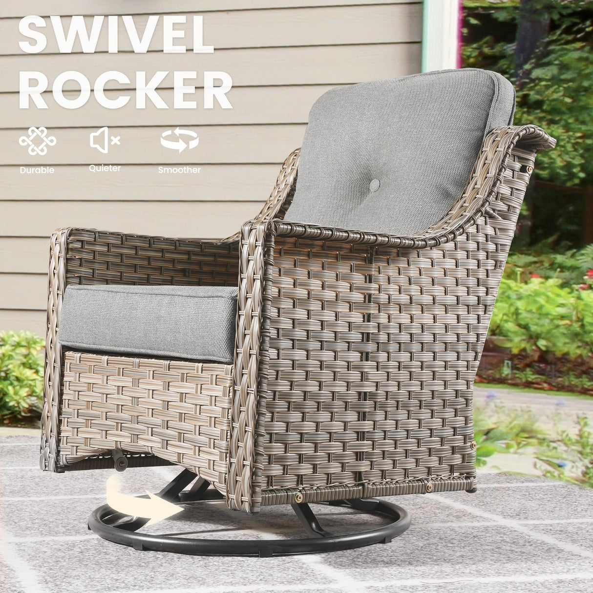 CAODOC 11 Pieces Outdoor Patio Furniture Set, Rattan Wicker Sectional Swivel Rocker Chairs Sets with Solar powered coffee table and Swivel Glider Chairs CAODOC