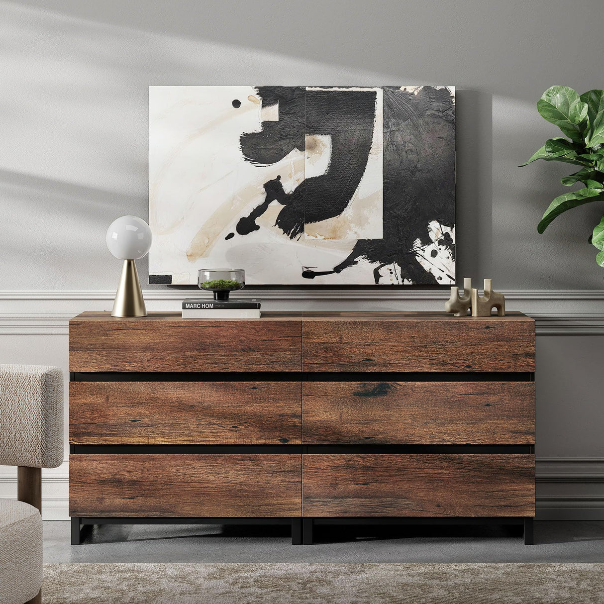 WAMPAT Dresser for Bedroom, Closet Organizers and Storage with 6 Drawers, Chest of Drawers with Metal Base, Modern Wood Dresser for Living Room, Entryway, Brown WAMPAT