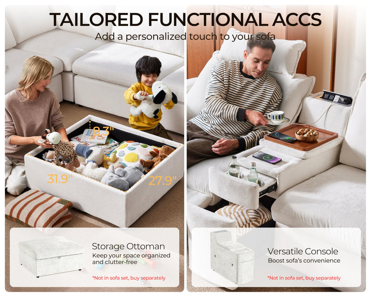 Bedeep 124.8'' Oversized Power Recliner Sofa with Headrest, Extra Wide Deep Modular Cloud Sectional Reclining Couch Wall Hugger, Convertible 3-Seater for RV Home Theater Living Room, Chenille, White Bedeep