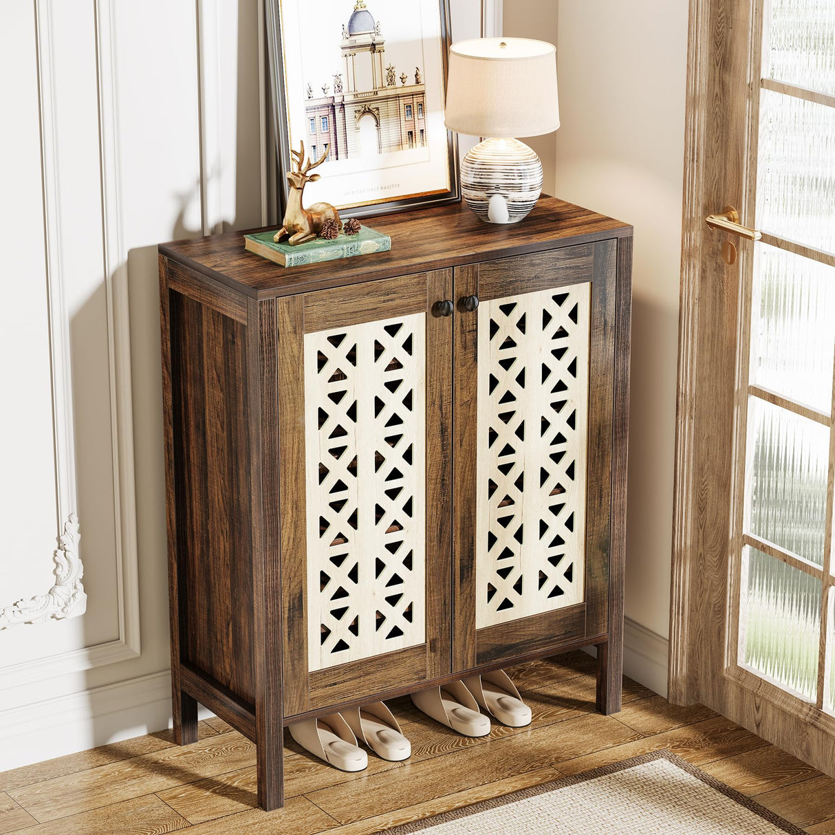 Tribesigns 5-Tier Shoe Cabinet with Doors, 25 Pairs Farmhouse Shoe Organizer, All-Wood Freestanding Shoe Storage Cabinet with Adjustable Shelves for Entryway, Hallway, Living Room, Brown & Beige Tribesigns