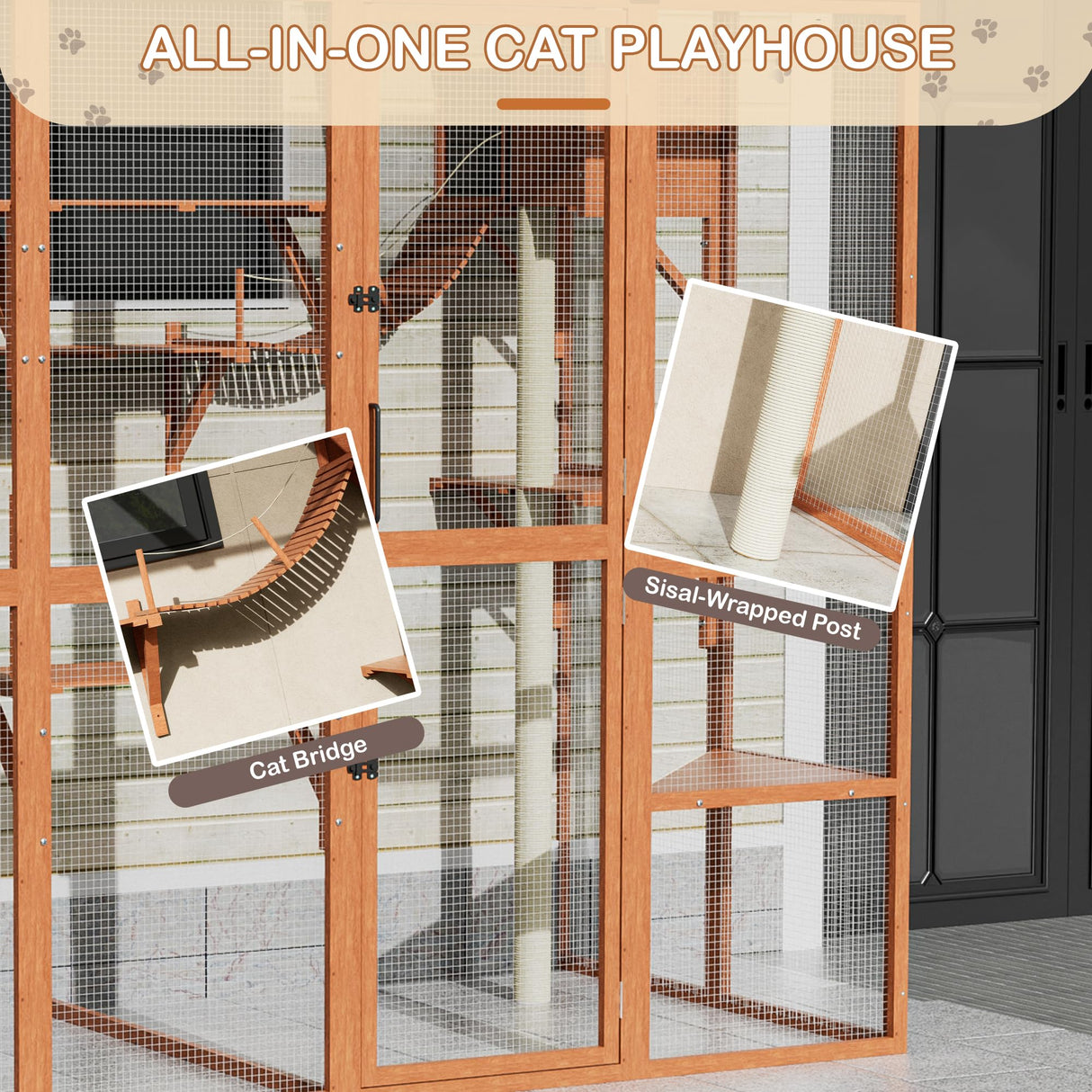 Large Walk-in Catio Wooden cat Houses for Multiple Outdoor Cats, Outdoor cat Enclosure with 4 Bridges & Transparent PVC Roof & sisal Scratcher, Kitty cat Condo Shelters (Orange) QUYZE