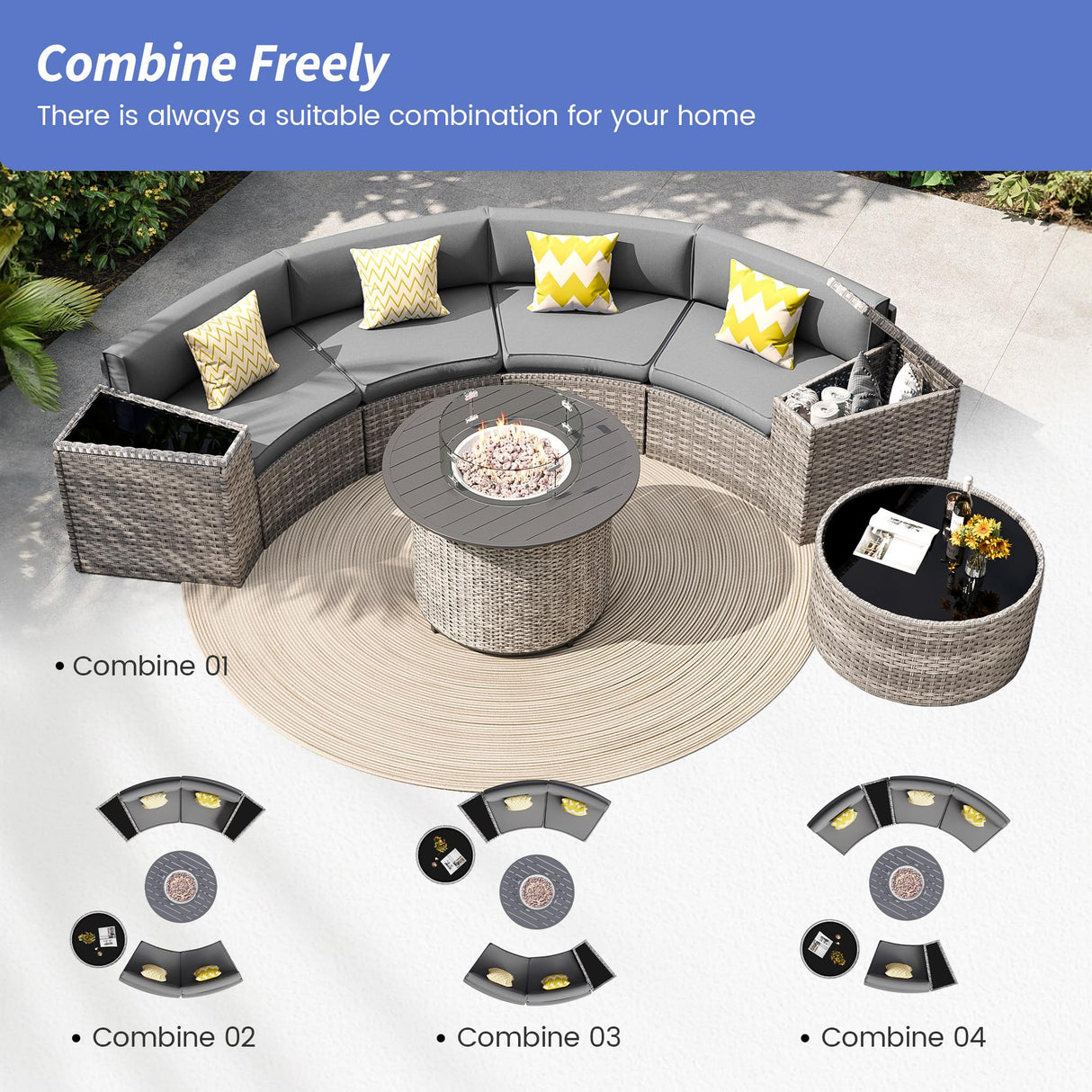 VONZOY Patio Sectional Furniture Outdoor 12-Piece Grey Rattan Curved Sofa Set with Fire Pit Table,Storage Table,Pillows,Fit for Pool Backyard Balcony Porch Lawn (Grey) VONZOY