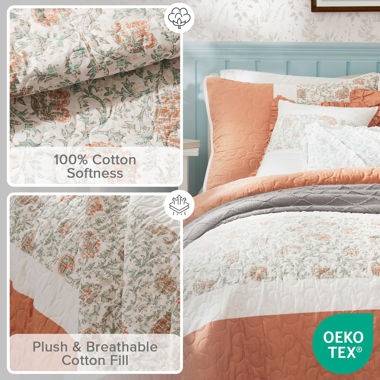 Madison Park 100% Cotton Quilt Set Floral Print, Double Sided Stitching, All Season, Lightweight Coverlet Shabby Chic Bedding Layer, Matching Shams, Full/Queen, Coral 6 Piece Madison Park