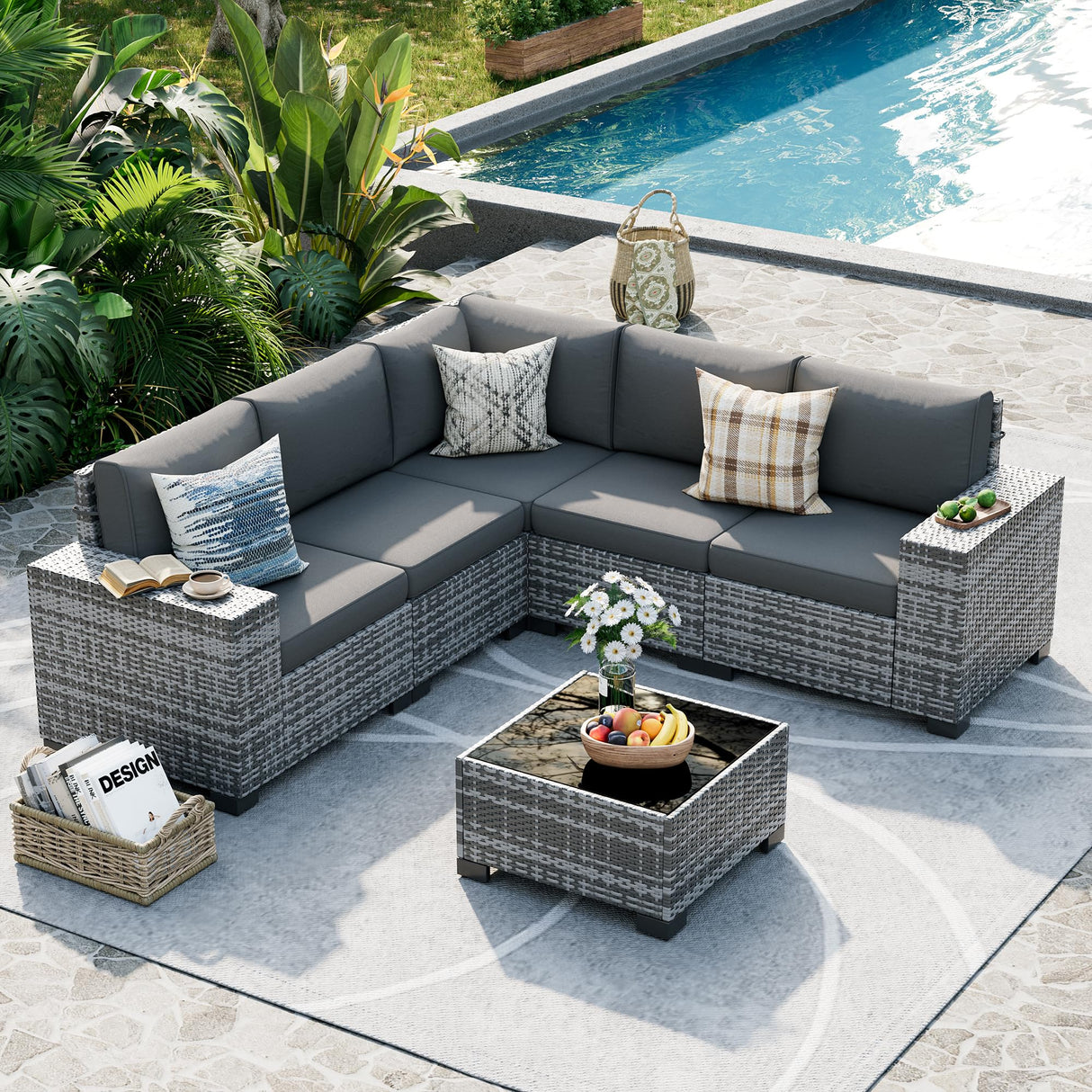 UDPATIO Patio Furniture Set, 8 Inch Armrest Outdoor Sectional Sofa, 6 Piece Wicker Outdoor Furniture Conversation Sets with Waterproof Cover and Coffee Table for Backyard Deck(Grey/Dark Grey) UDPATIO