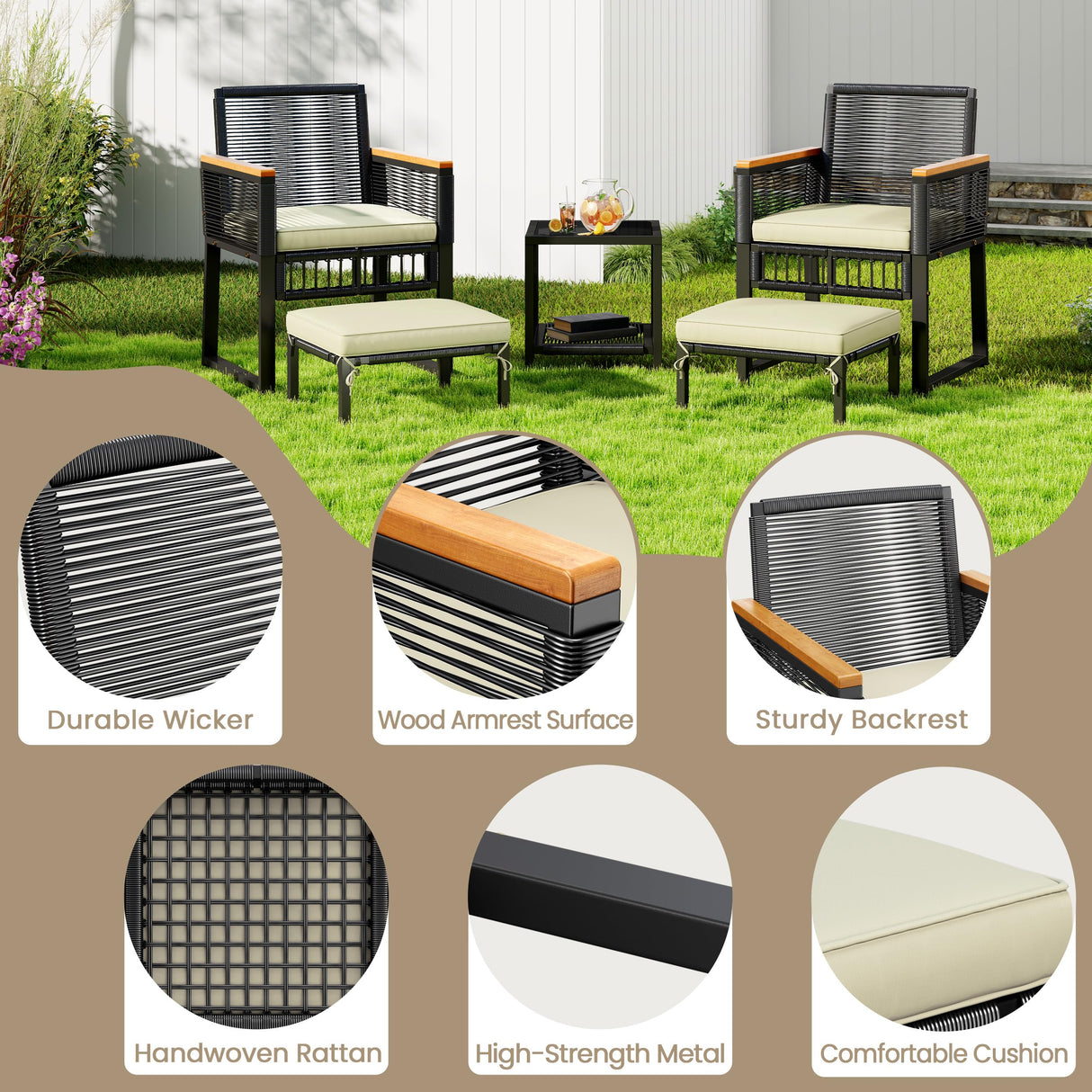 Yaheetech 5-Piece Outdoor Conversation Set, Wicker Rattan Patio Furniture Set w/Rattan Armchairs, 2-Layer Side Table, Ottomans, Acacia Wood Armrests & Metal Frame for Backyard, Porch, Balcony Yaheetech