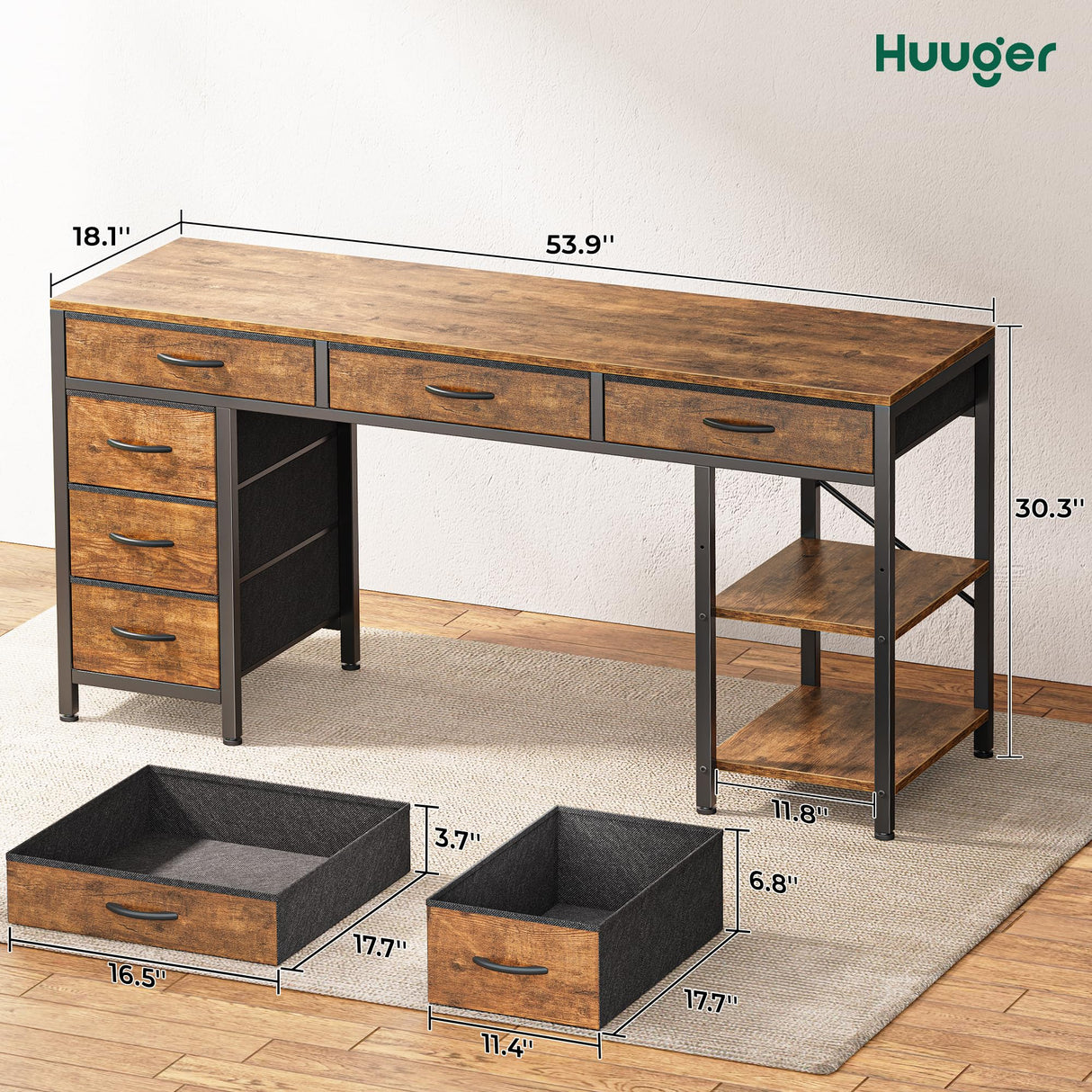 Huuger Computer Desk with 6 Drawers, 54 Inch Office Desk with Shelves, Reversible Gaming Desk, Corner Desk with Storage, Work Desk for Home Office, Study, Living Room, Rustic Brown Huuger