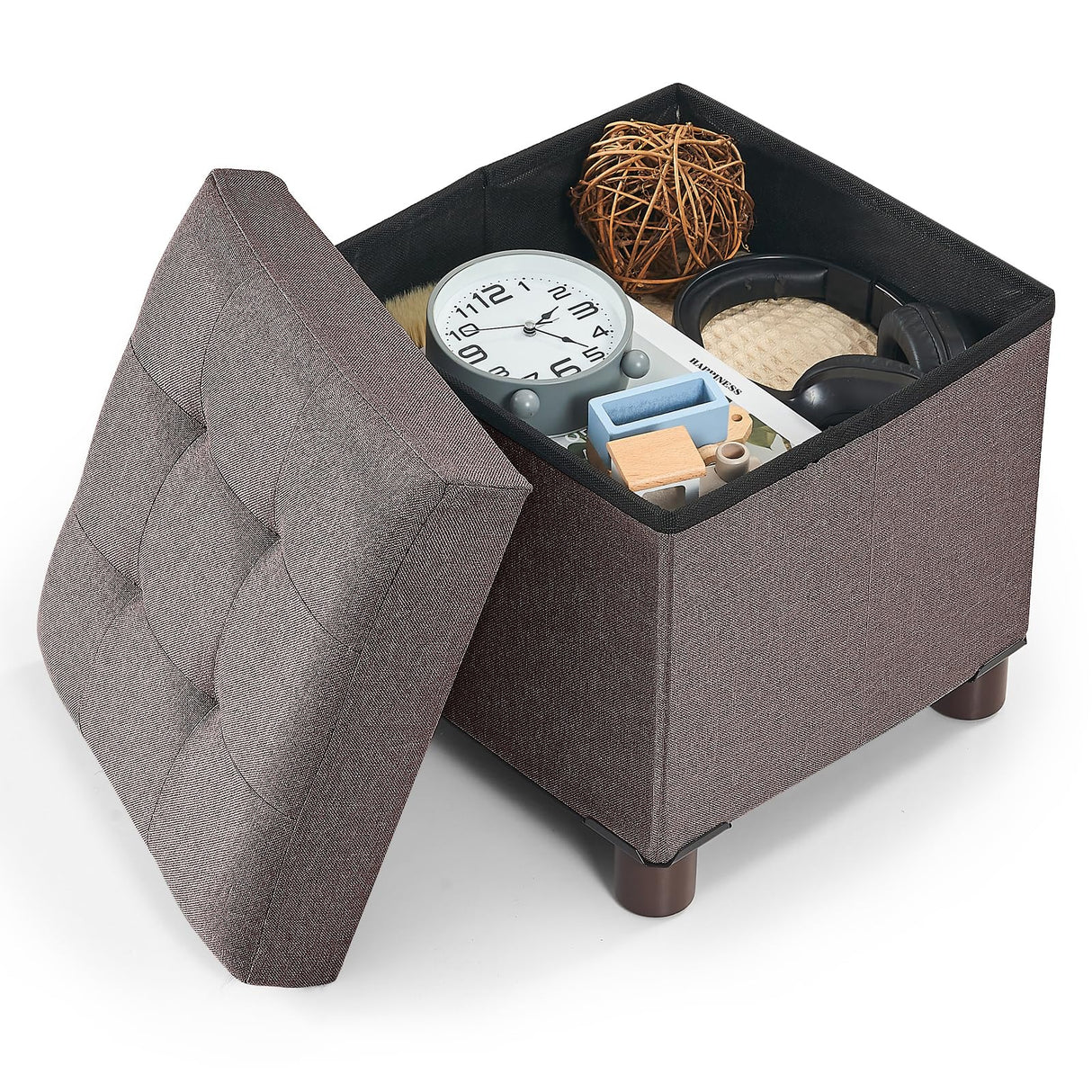 BRIAN & DANY Small Storage Ottoman Cube, Folding Ottoman with Storage, Foot Stool Seat with Wood Legs, for Living Room and Bedroom, 12.6"x12.6"x12.8" - Brown BRIAN & DANY