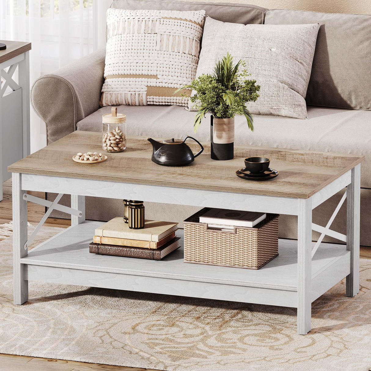 DWVO Coffee Tables for Living Room,Farmhouse Coffee Table, Storage Coffee Table, Small Coffee Table, Wood Coffee Table with Thicker Legs 2 Tier Coffee Table Center Table for Living Room, Grey Wash DWVO