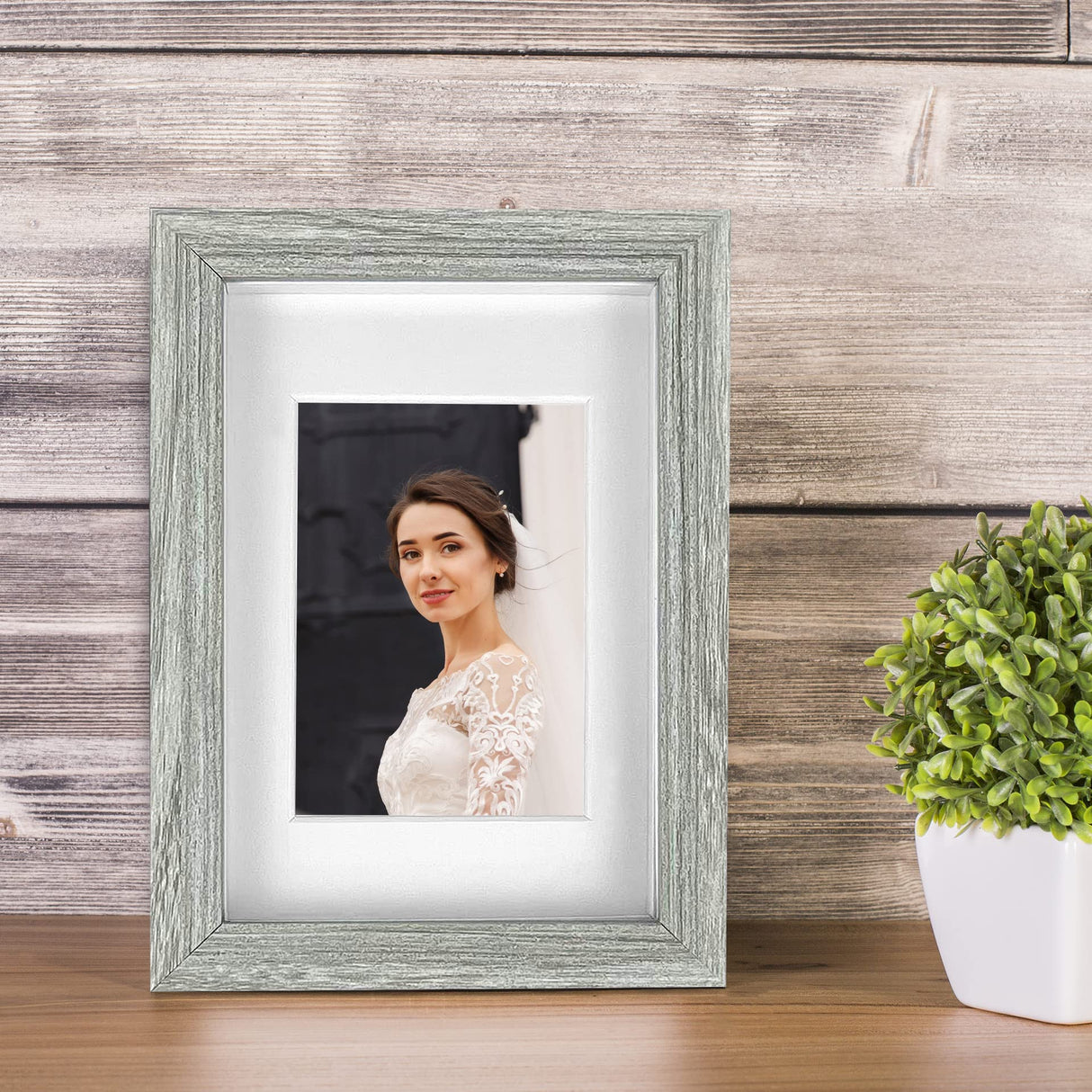 5x7 Shadow Box Frame, 4 Pack Picture Frame Set, Wall Picture Frame, Farmhouse Wood Rustic Picture Frames with Tempered Glass Gallery Wall Tabletop Display (Celadon, 5X7) SEEDLING PHOTO FRAME
