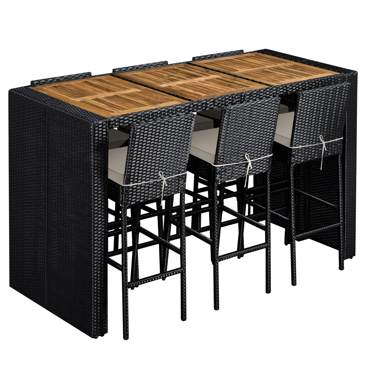 Topeakmart Outdoor Wicker Bar Table and Chairs Set, 7-Piece Patio Rattan Dining Furniture Set with Acacia Wood Tabletop, 6 Removable Cushions, Rain Cover, Black/Beige Topeakmart