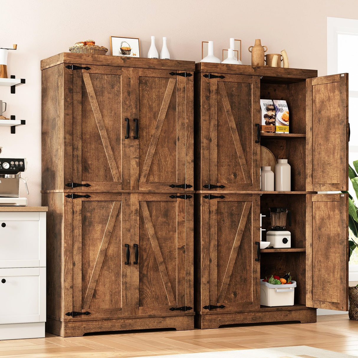 Pantry Cabinet,68'' Kitchen Pantry Storage Cabinet with 4 Doors and Adjustable Shelves, Farmhouse Tall Food Large Wood Pantry Storage Furniture for Kitchen Dining Room,Brown Jocoevol