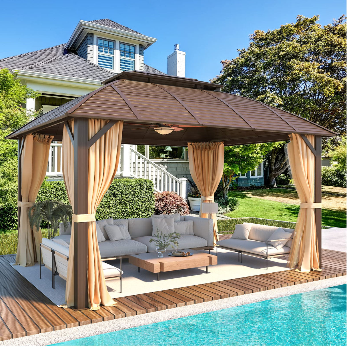 YOLENY 10' x 13' Hardtop Gazebo with Galvanized Steel Roof, Double Arc Roof Gazebo with Aluminum Frame, Outdoor Gazebo with Curtain&Netting, Sunshade for Gardens, Lawns, Deck YOLENY