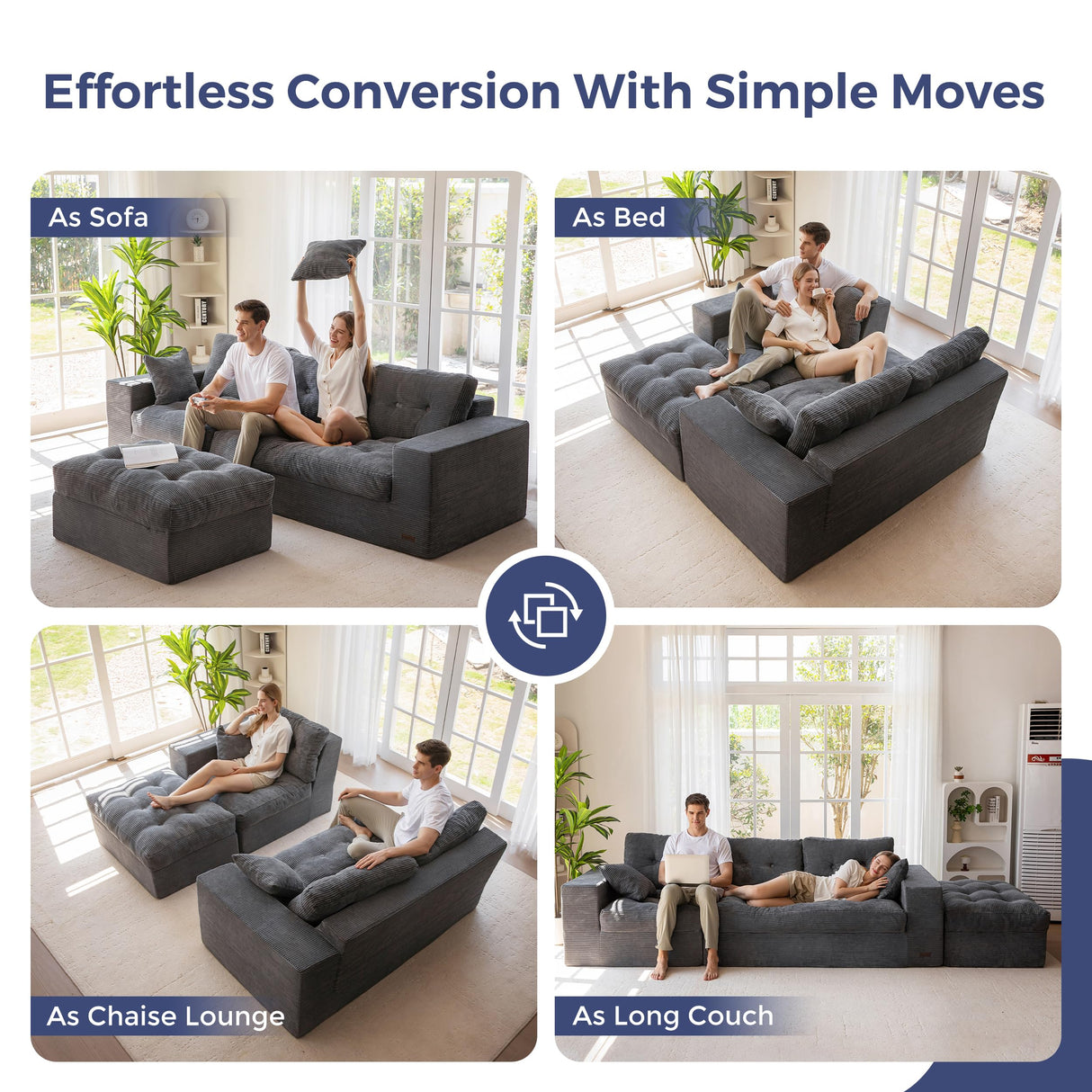 MAXYOYO L-Shaped Sectional Sofa with Convertible Left/Right Ottoman, Cloud Boneless Modular Couch, Layered Cushion & Tufted Upholstered, 4-in-1 Flexible Combination, No Assembly, Dark Grey MAXYOYO