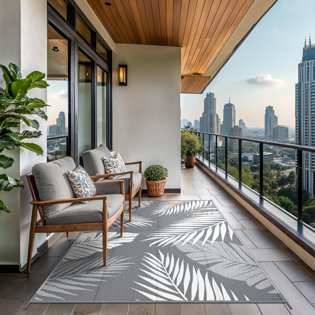 GENIMO Outdoor Rug 5' x 8' Waterproof for Patios Clearance, Reversible Plastic Straw Camping Carpet, Large Area Rugs Mats for RV, Picnic, Backyard, Deck, Balcony, Porch, Beach, Grey&White GENIMO