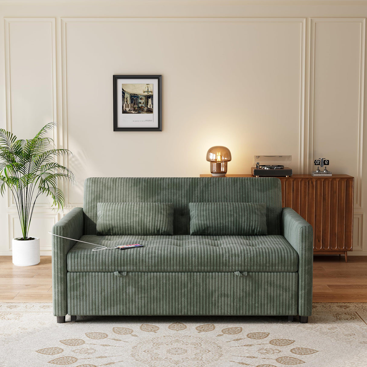 UXENAFANA Sofa Bed, Loveseat 3-in-1 Sleeper Sofa with Pull Out Bed, Pockets and USB, Modern 2 Seater Convertible Small Couch for Living Room Bedroom Apartment (Green, Corduroy) UXENAFANA