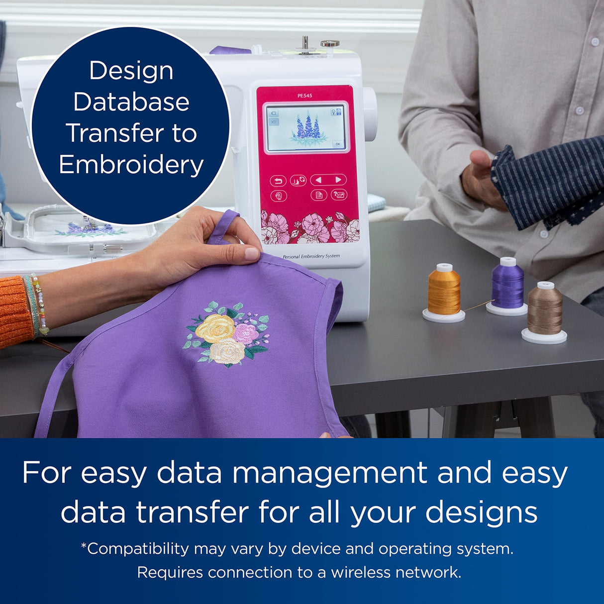 Brother PE545 Embroidery Machine, Wireless LAN Connected, 135 Built-in Designs, 4" x 4" Hoop Area, Large 3.7" LCD Touchscreen, USB Port, 10 Font Styles Brother