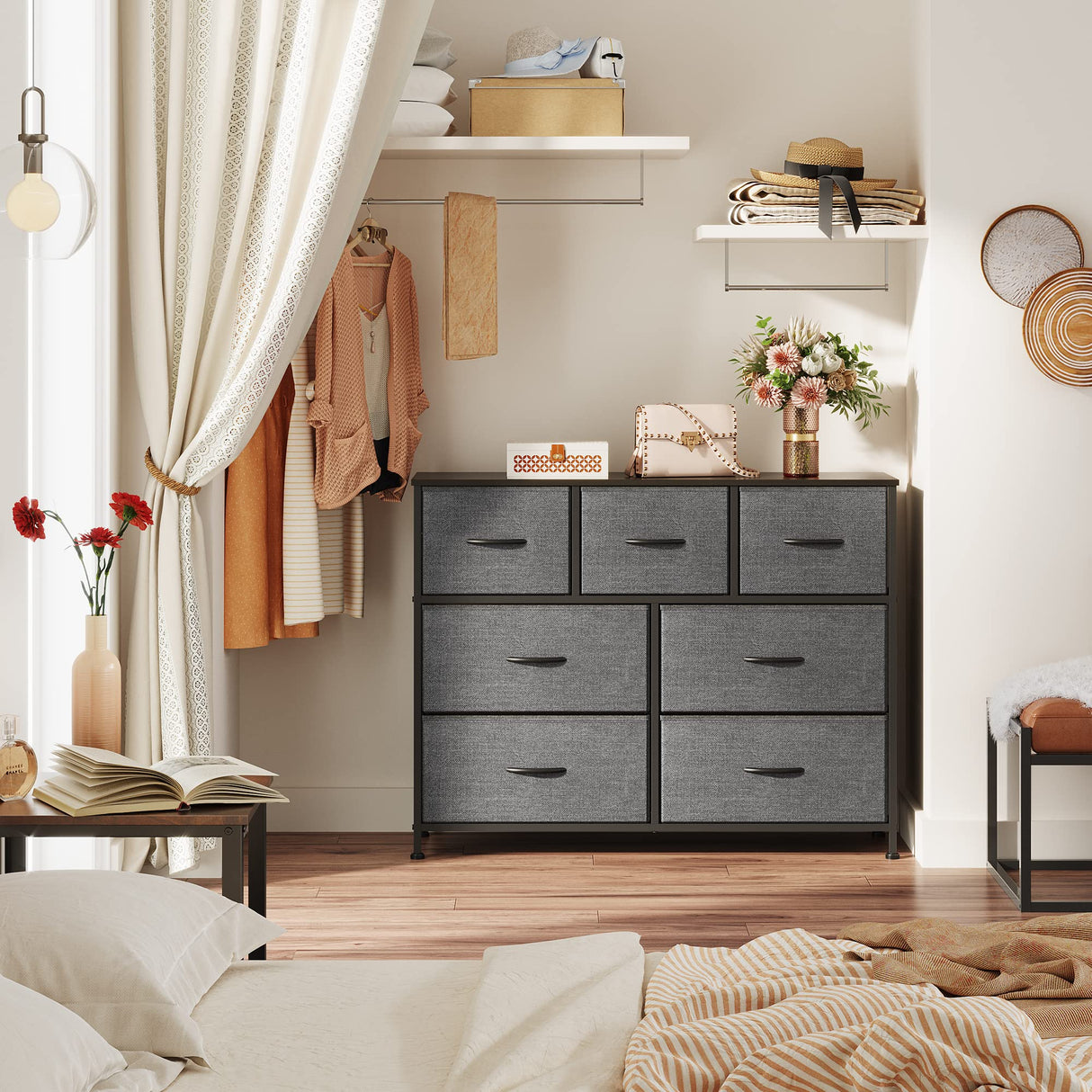 WLIVE Dresser TV Stand, Entertainment Center with Fabric Drawers, Media Console Table with Metal Frame and Wood Top for TV up to 45 inch, Chest of Drawers for Bedroom, Dark Grey WLIVE