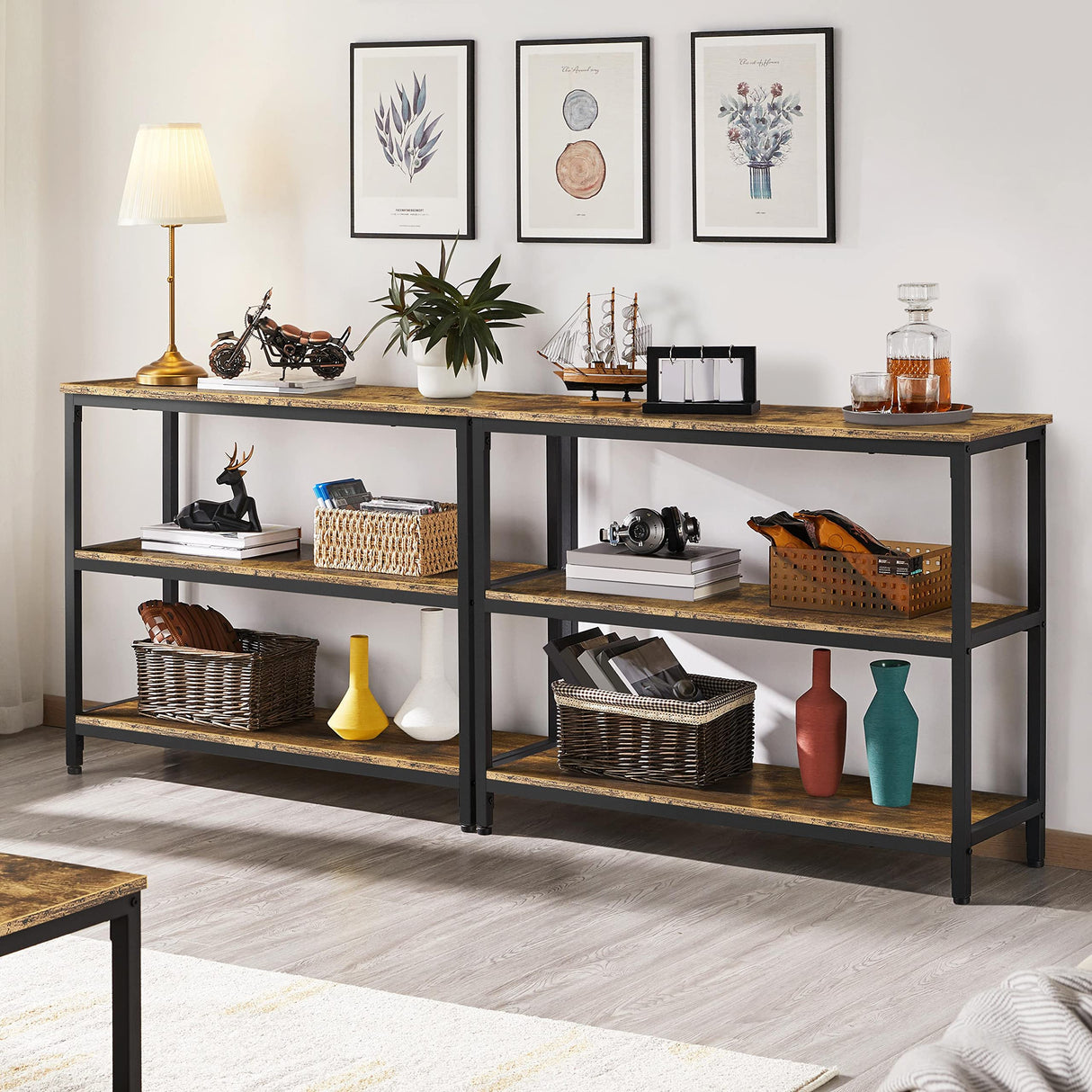 Yaheetech Industrial Console Table, 3 Tier Entryway Table with Storage Shelves, Narrow Sofa Table for Living Room, Foyer, Hallway, Entrance, Metal Frame, Rustic Brown Yaheetech