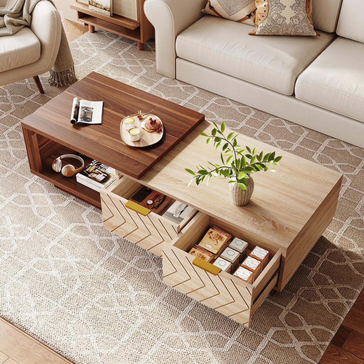 LITTLE TREE Expandable Wooden Coffee Table with 2 Drawers, Space-Saving Rectangular Farmhouse Center Table, Perfect for Living Room and Office, Brown and Beige LITTLE TREE