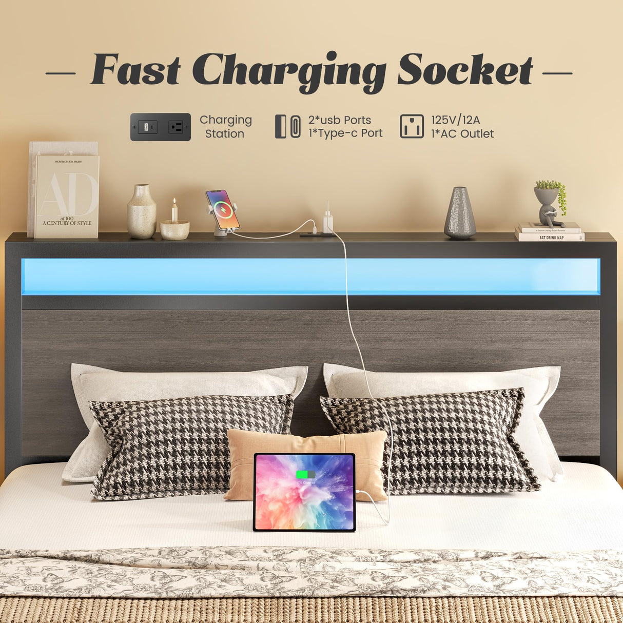 Fluest Queen Bed Frame with Headboard & Footboard, Bed Frame with Built-in Charging Station & LED Light, Storage Shelf, Noise-Free, No Box Spring Needed, Easy Assembly, Rustic Grey Fluest