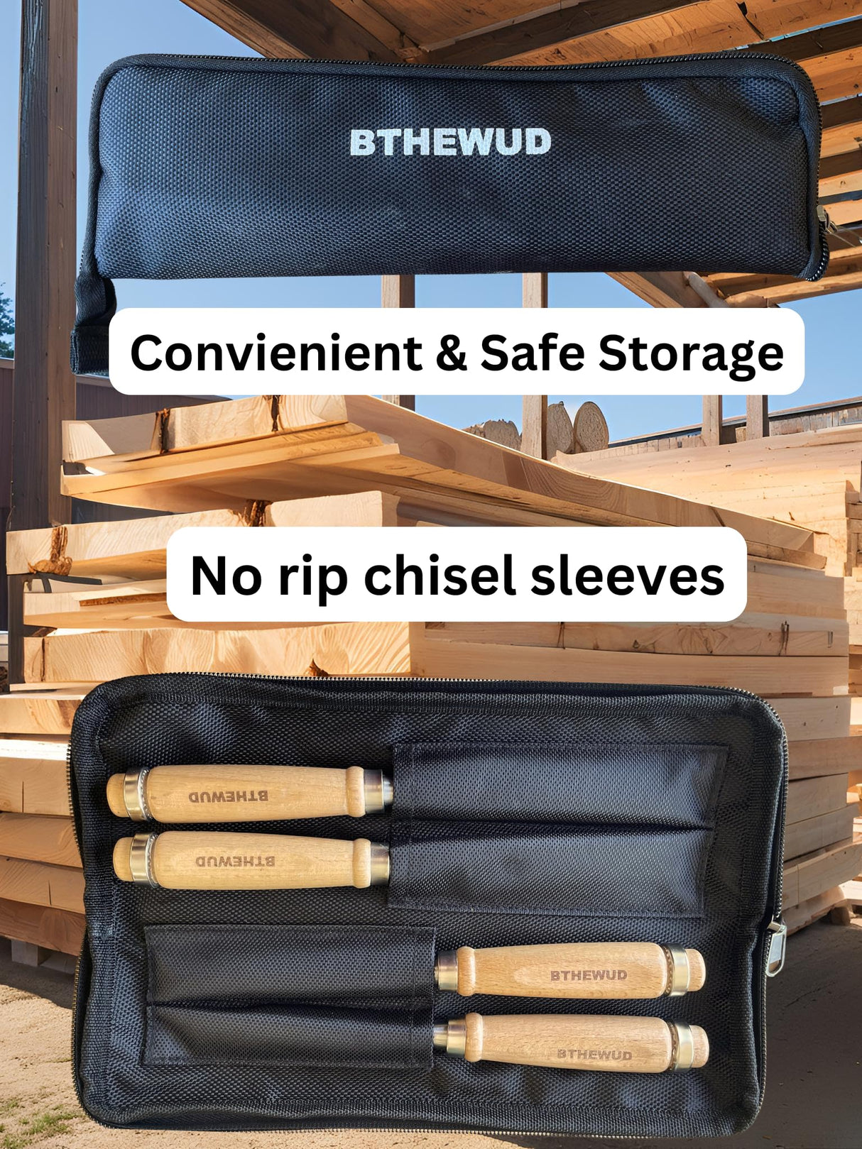 Wood Chisel Set – set of 4 Woodworking Chisels w/CR-V Steel Blades, Zipper Bag - Anti-Rust Coating Wood Chisels for Woodworking - Lightweight & Durable Carpenter Tools for Woodworking BTHEWUD