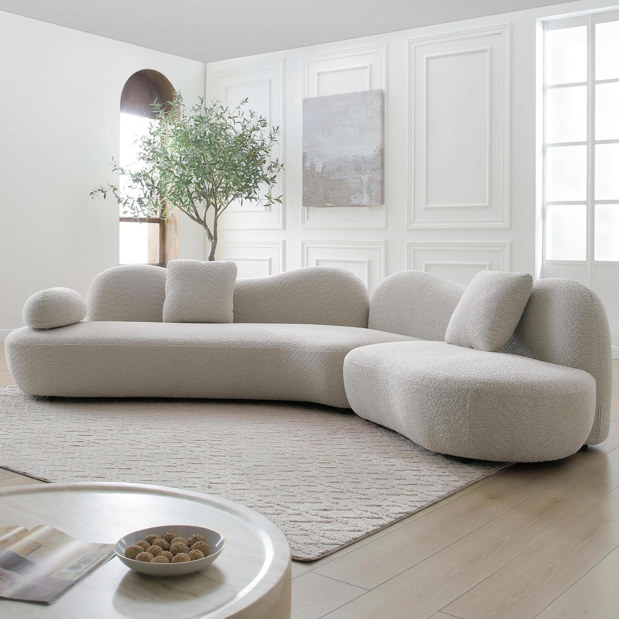 BBTJOINT Curved Modular Sectional Sofa for Living Room,Minimalist Style,V-Shape Cloud-Like Design,Contemporary Boucle Fabric Upholstery,Deep Seat Off-White Couch BBTJOINT