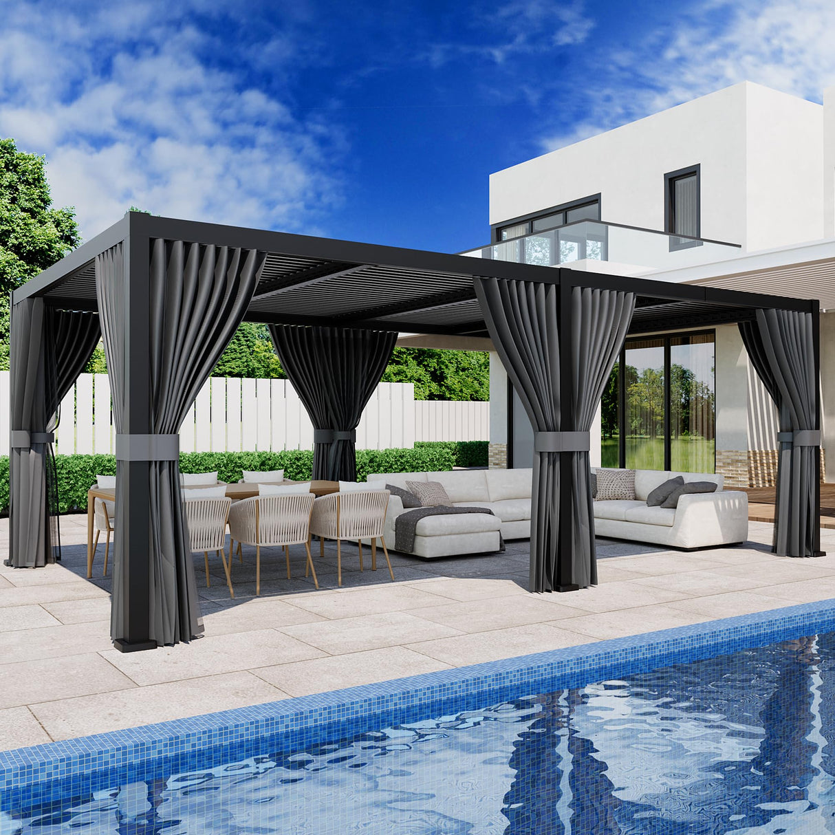 SUNBURY 10'X 20' Louvered Pergola, Aluminum Outdoor Pergola with 4 Adjustable Roof, All-Weather Use, Netting & Privacy Curtains, Waterproof Patio Shade Cover for Patio, Backyard, Lawn, Garden, Black SUNBURY