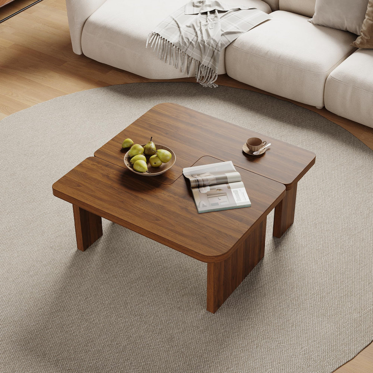 VAFON 51.2" Expandable Wood Coffee Table for Living Room - 2-in-1 Square/Rectangle Center Table, Walnut Wood Grain Low Table, 68lbs Capacity - Versatile for Lounge, Office, Farmhouse Decor(Brown) VAFON