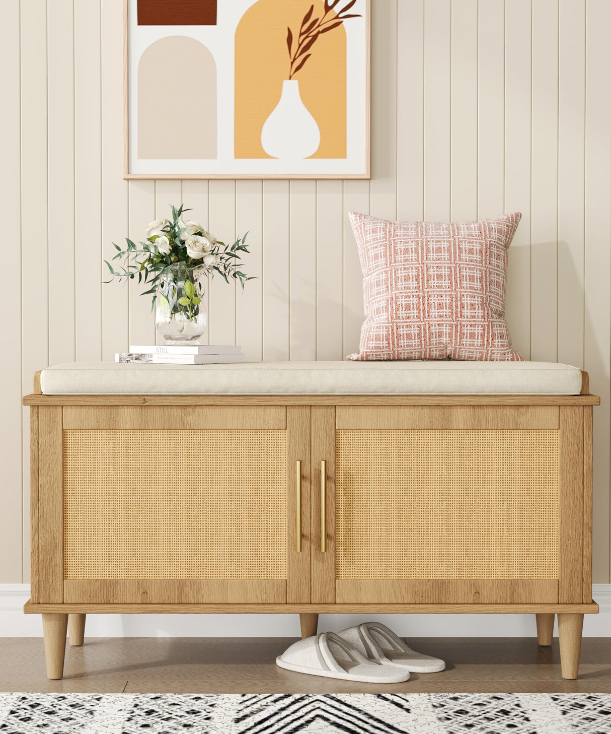 Akxomel Natural Rattan Shoe Storage Bench with Cushion, Entryway Shoe Cabinet Bench with 2 Doors, 15"D x 39.4"W x 20"H, Wooden Shoe Organizer, Adjustable Shelf, Solid Wood Legs, for Hallway, Bedroom Akxomel