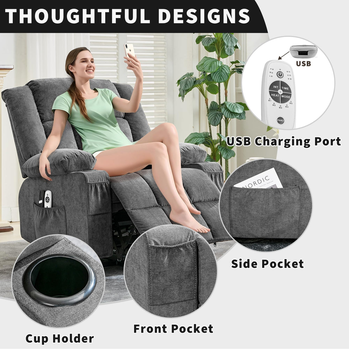 Large Power Lift Recliner Chair for Elderly Wide Electric Lift Chair with Massage and Heat for Big and Tall Adults Reclining Sofa Chair with Remote Control, Cup Holders, Side Pockets, USB Port, Gray WARMTOBABY