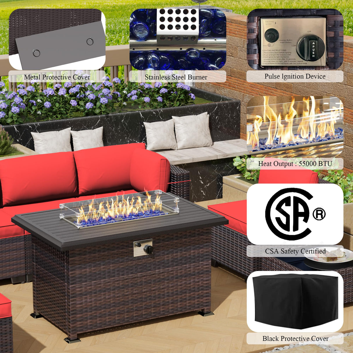 RTDTD Outdoor Patio Furniture Set with Propane Fire Pit Table, 15 Pieces Outdoor Furniture Patio Sectional Sofa Conversation Sets w/ETL Approved 43" Gas Outdoor Fire Table & Coffee Table(Red) RTDTD