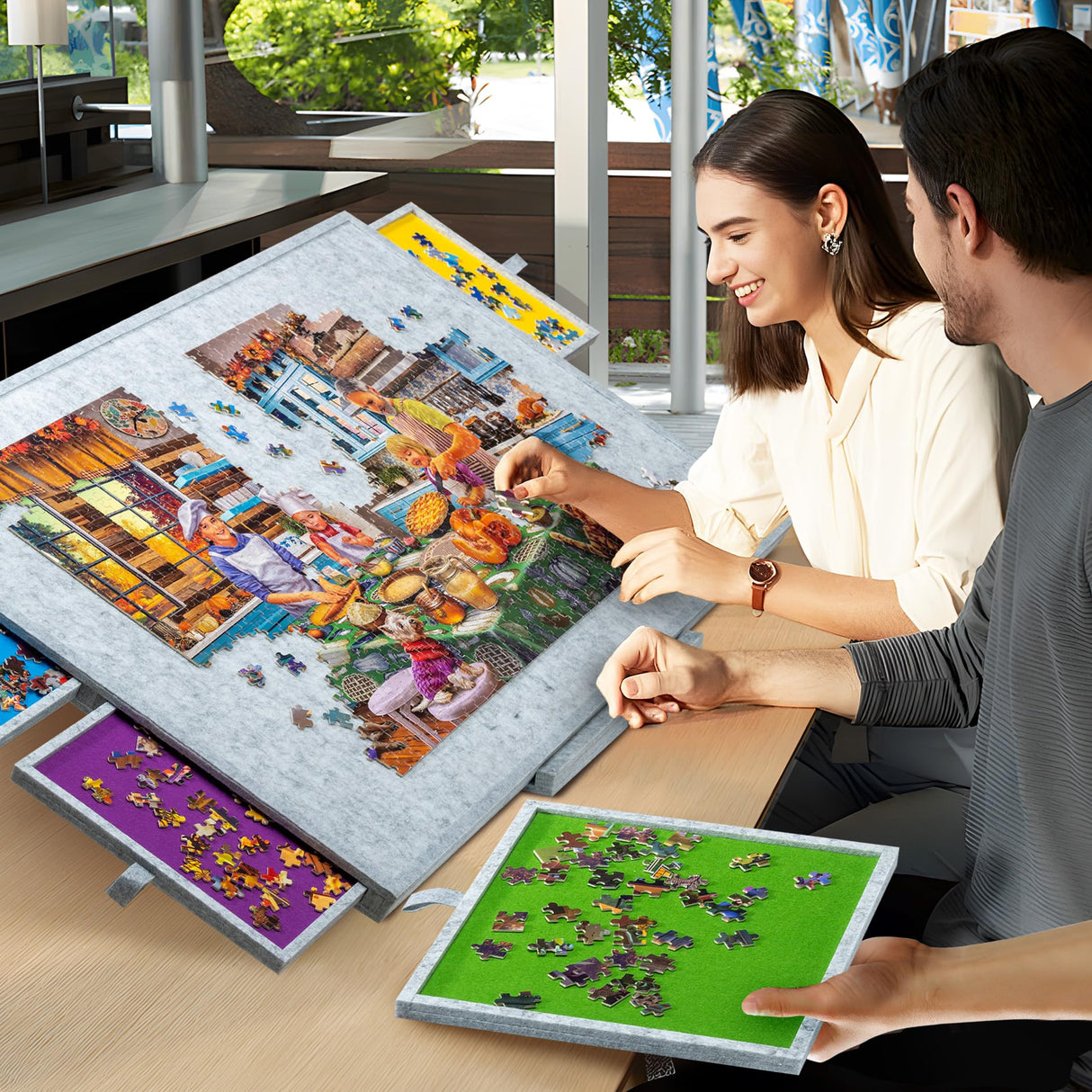 Tektalk Jigsaw Puzzle Table with Integrated Adjustable Stand/Bracket, 3-Tilting-Angle Super Lightweight Felt Puzzle Plateau Board with Cover & 4 Sorting Drawers, for Up to 1500 Pieces - Light Gray Tektalk