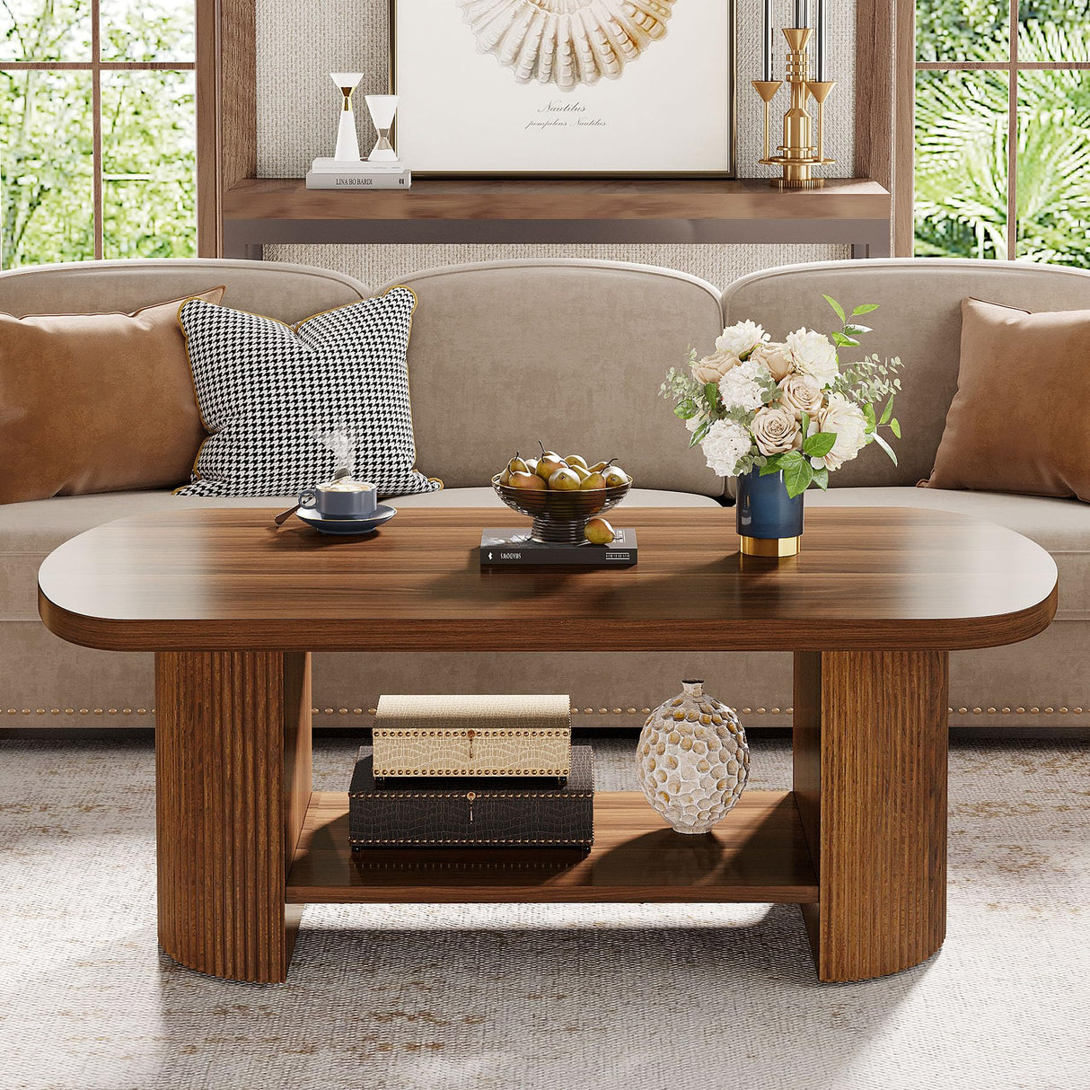 Tribesigns Oval Coffee Table, Mid-Century 2-Tier Coffee Table with Storage Shelf, Modern 45.27" Accent Center Table with Wooden Dual Base for Living Room Bedroom Apartment, Rustic Brown Tribesigns