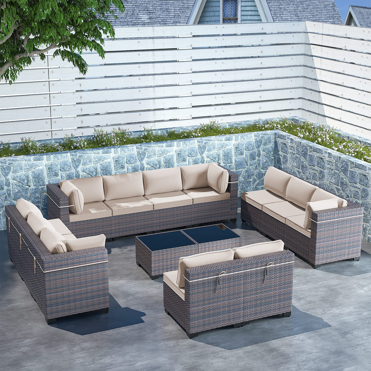Gotland 14-Piece Outdoor Patio Furniture Set - All-Weather PE Rattan Sectional Wicker Conversation Set with 12 Replaceable Khaki Waterproof Cushions and 2 Coffee Tables Gotland