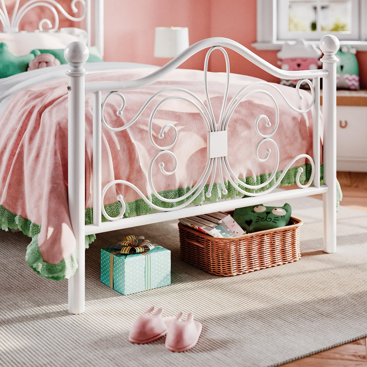 SHA CERLIN Twin Size Bed Frame for Kids,Metal Bed Frame with Butterfly Pattern Design Headboard & Footboard,No Box Spring Needed,Easy Assembly,White SHA CERLIN