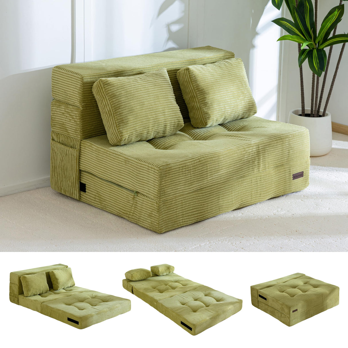MAXYOYO Convertible Sofa Bed, Fold Out Loveseat Sleeper Sofa with Pillow, 4 in 1 Tufted Folding Couch Bed Foam Floor Couch, Lazy Chair for Living Room Bedroom Guest Room, Green MAXYOYO